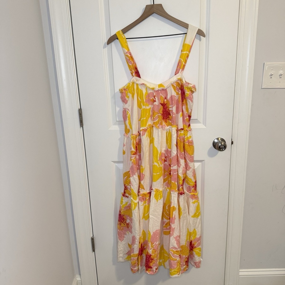 Free People Moonshine Midi Dress Floral Linen Blend Boho Yellow Pink White Small - Picture 7 of 14